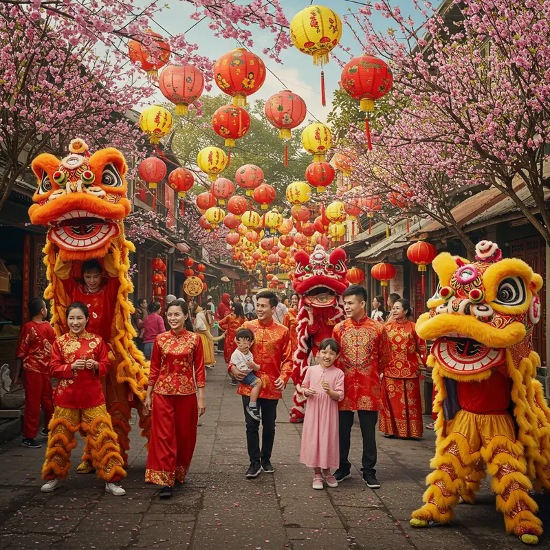 Lễ hội mùa xuân người Hoa với đèn lồng, hoa nở, múa lân và gia đình sum vầy trên phố đông đúc.