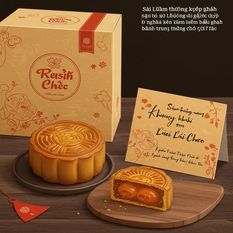 Hộp bánh Trung Thu cao cấp và thiệp chúc mừng tinh tế trên bàn gỗ sang trọng.