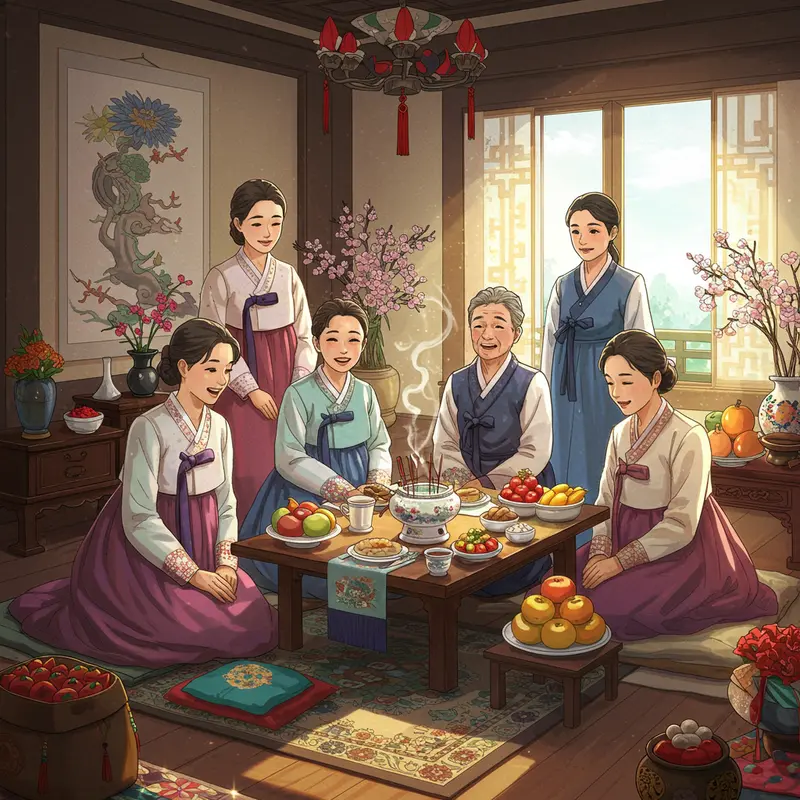 Gia đình Hàn Quốc nhiều thế hệ bên mâm cúng truyền thống, mặc hanbok ngày Tết Nguyên Đán.