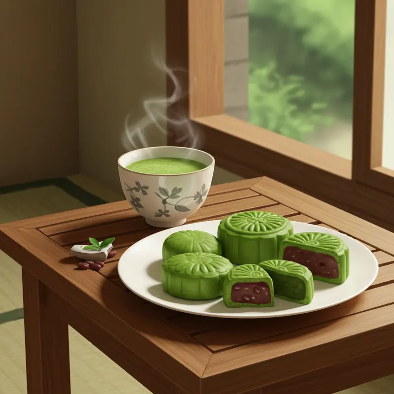 Bánh trung thu mochi trà xanh đầy màu sắc trên khay gỗ sang trọng cùng ấm trà kiểu Nhật.