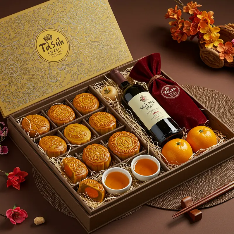 Hộp quà Trung thu cao cấp kết hợp truyền thống và hiện đại.
