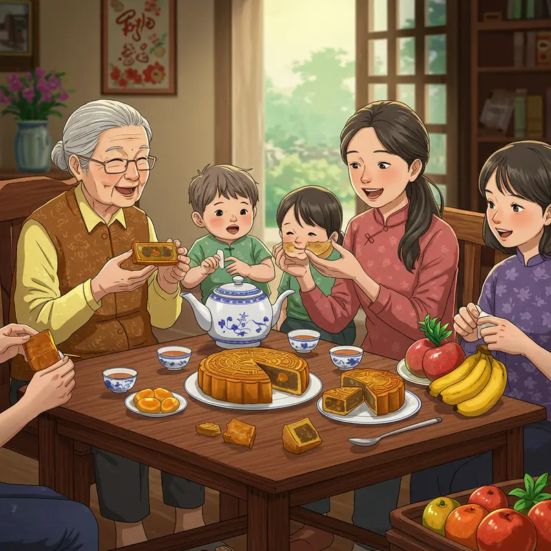 Người cao tuổi thưởng thức bánh Trung Thu ít đường trong không gian ấm áp.