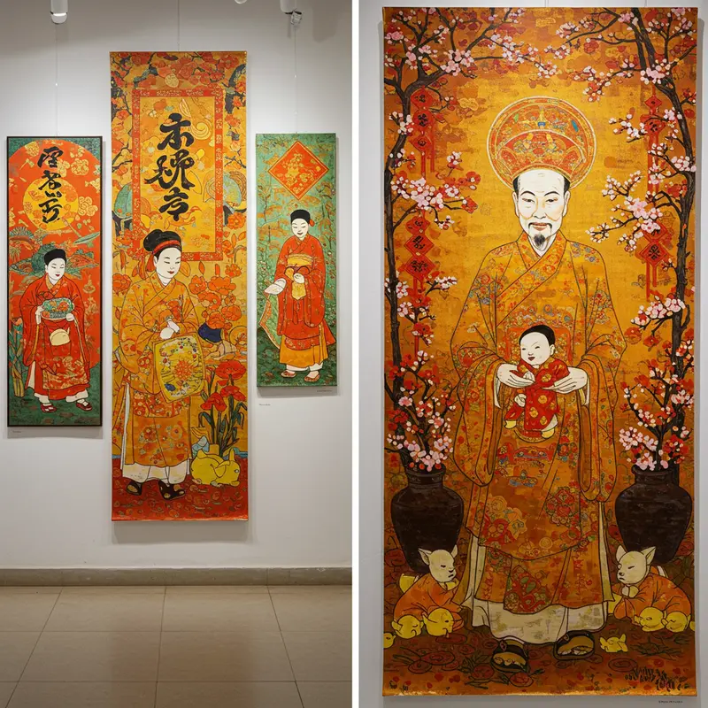 Tranh Tết tạo không khí ấm áp trong gia đình Việt Nam ngày xuân.