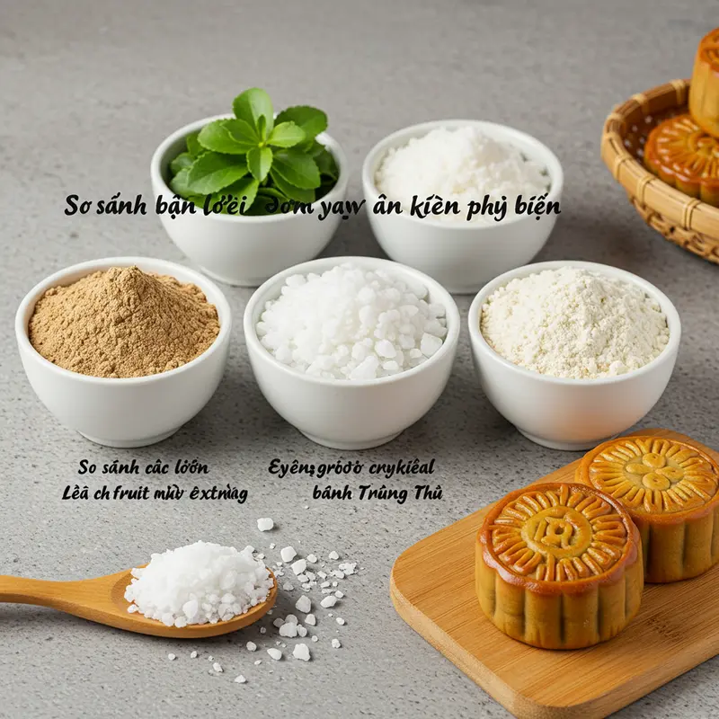 Hình ảnh các loại đường ăn kiêng và bánh Trung Thu trên bàn bếp.