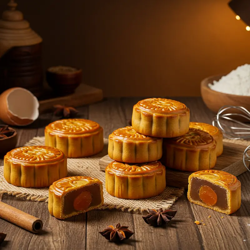 Bánh trung thu có lớp vỏ vàng mềm dẻo được xếp trên bàn gỗ cùng dụng cụ làm bánh