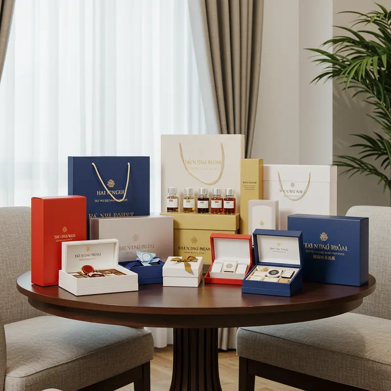 Bố trí các món quà cao cấp, phản ánh tính cá nhân hóa theo từng ngành nghề và dịch vụ trong ánh sáng tự nhiên.