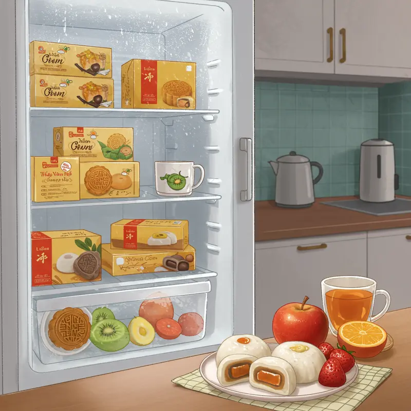 Bánh trung thu mochi đa dạng màu sắc và nhân, đặt trên đĩa sứ sang trọng.