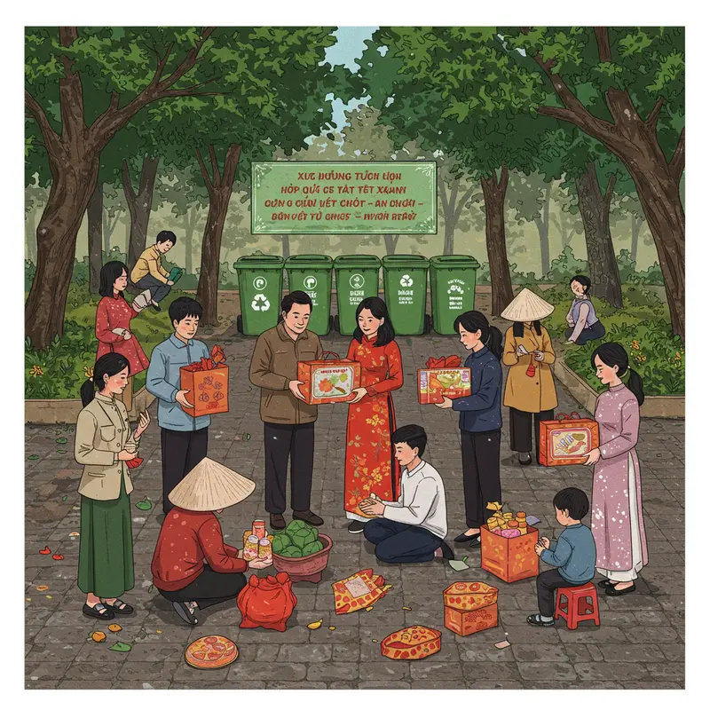 Gia đình sum vầy nhận hộp quà Tết xanh, lan tỏa thông điệp bảo vệ môi trường.