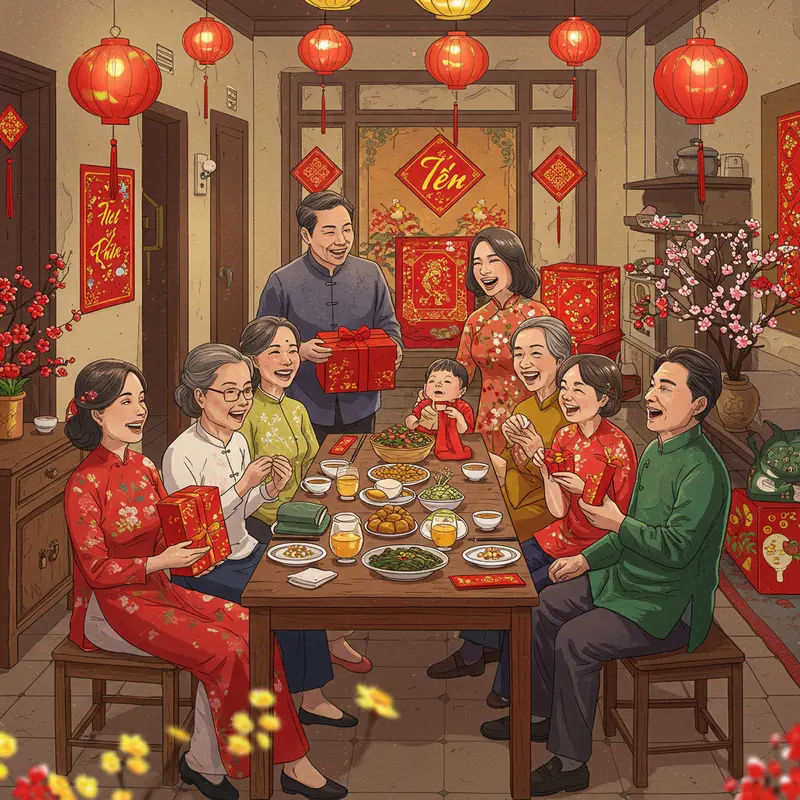 Gia đình nhiều thế hệ sum vầy chuẩn bị mâm cơm tất niên truyền thống.