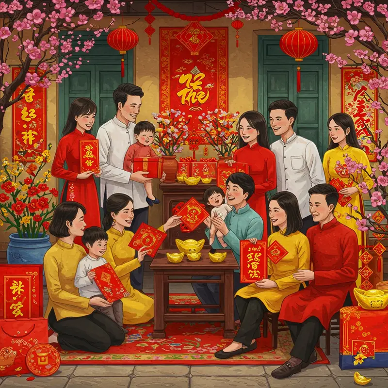 Hình ảnh gia đình đa thế hệ và bạn bè người Việt quây quần chúc Tết, trao quà trong ngôi nhà ngập sắc xuân.