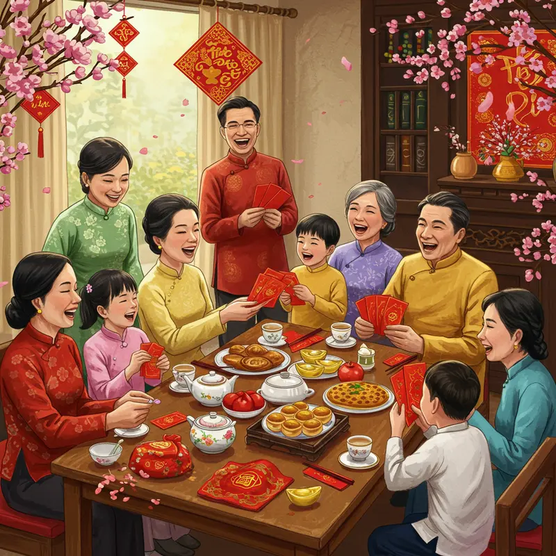 Gia đình Việt xưa trao lì xì trong ngôi nhà cổ truyền thống ngày Tết.