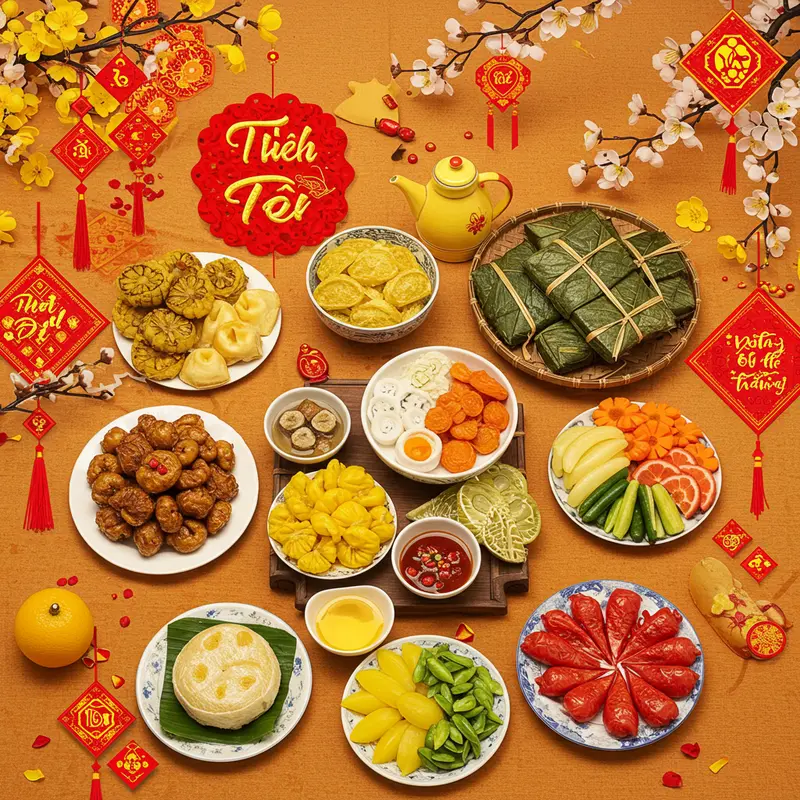 Mâm cơm Tết miền Nam với đầy đủ món ăn đặc trưng và gia đình sum họp.