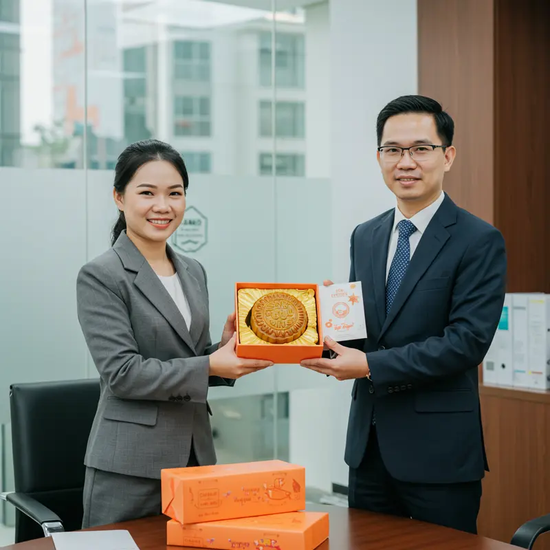 Hộp bánh trung thu cao cấp trên bàn làm việc, tạo không khí trang trọng.