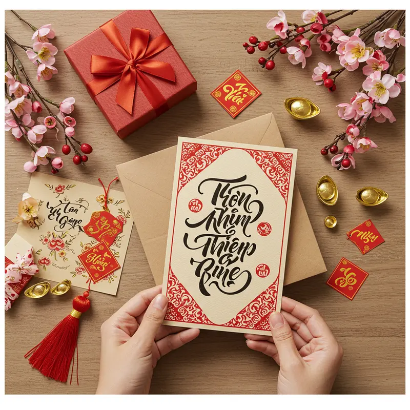 Các hộp quà Tết trang trí với nơ, ruy băng, thiệp và hoa lụa thể hiện ý nghĩa tri ân đặc biệt.