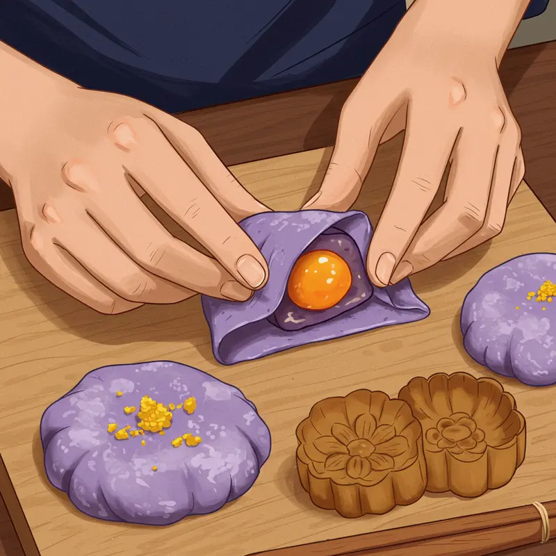 Nguyên liệu tươi ngon, chuẩn bị sẵn sàng cho bánh mochi khoai môn trứng muối.