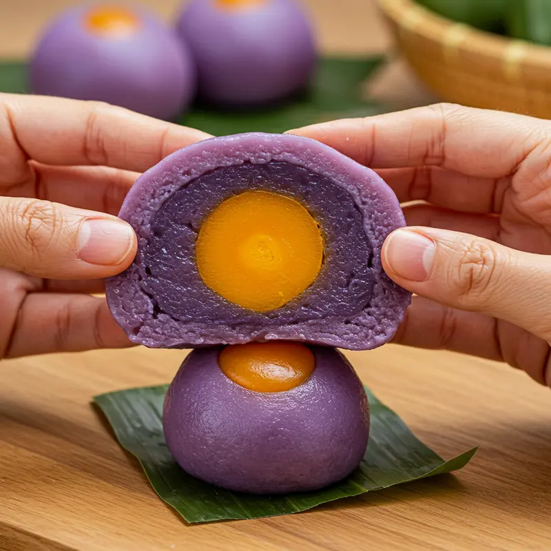 Nguyên liệu tươi ngon tạo nên nhân khoai môn mochi trứng muối chuẩn vị.