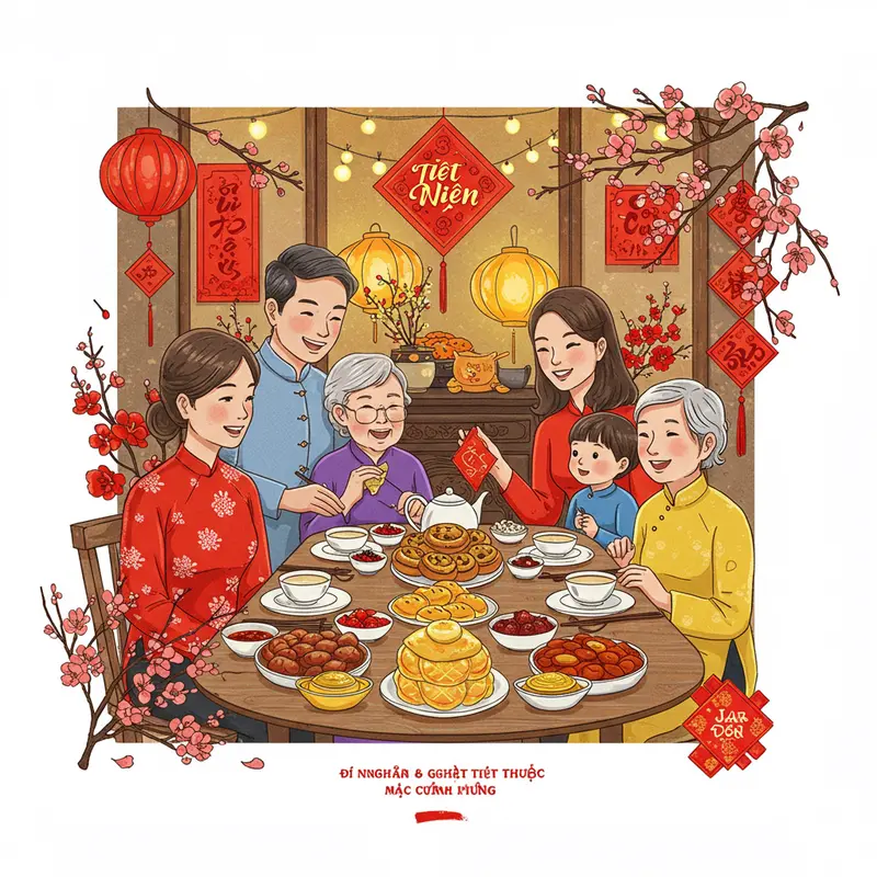 Cảnh gia đình Việt ba thế hệ quây quần quanh bàn tiệc tất niên, không khí tết truyền thống ấm áp.