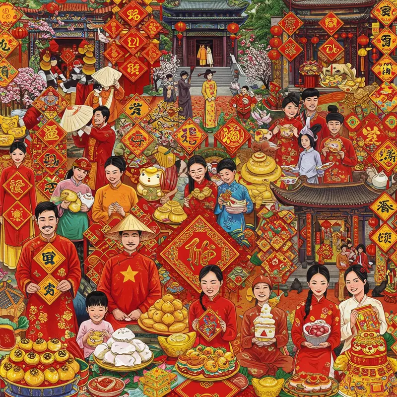 Tổng hòa hình ảnh các quốc gia châu Á đón Tết Âm lịch với gia đình, trang hoàng, món ăn truyền thống.