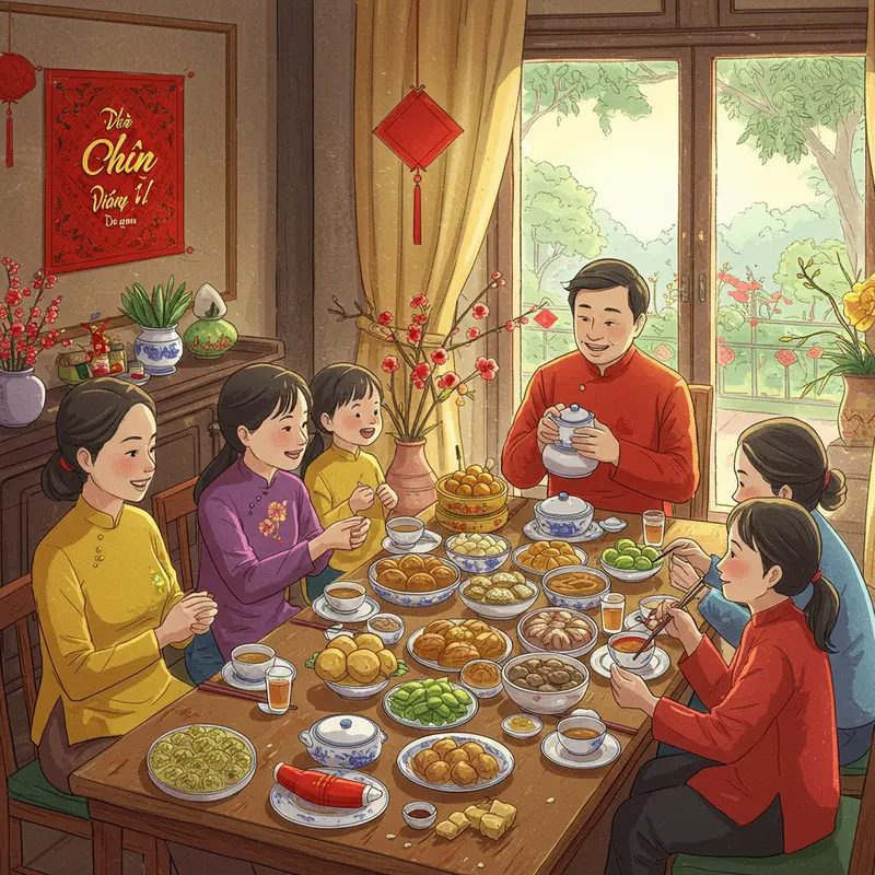 Gia đình Việt quây quần bên mâm cơm ngày Tết với đa dạng món ăn truyền thống.