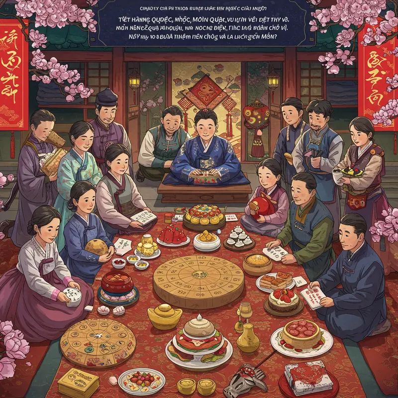 Gia đình sum họp bên mâm cỗ Tết truyền thống Việt Nam.