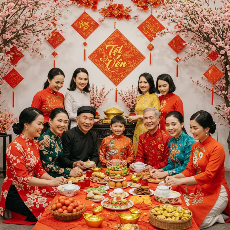 Gia đình nhiều thế hệ bên nhau đón Tết với không khí ấm áp, trang trí Hoa Xuân truyền thống.