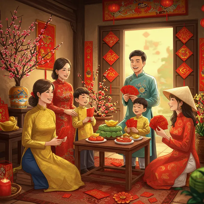 Gia đình Việt Nam quây quần bên bàn ăn ngày Tết, trang trí hoa đào, bánh chưng, bao lì xì, thể hiện văn hóa sum vầy.