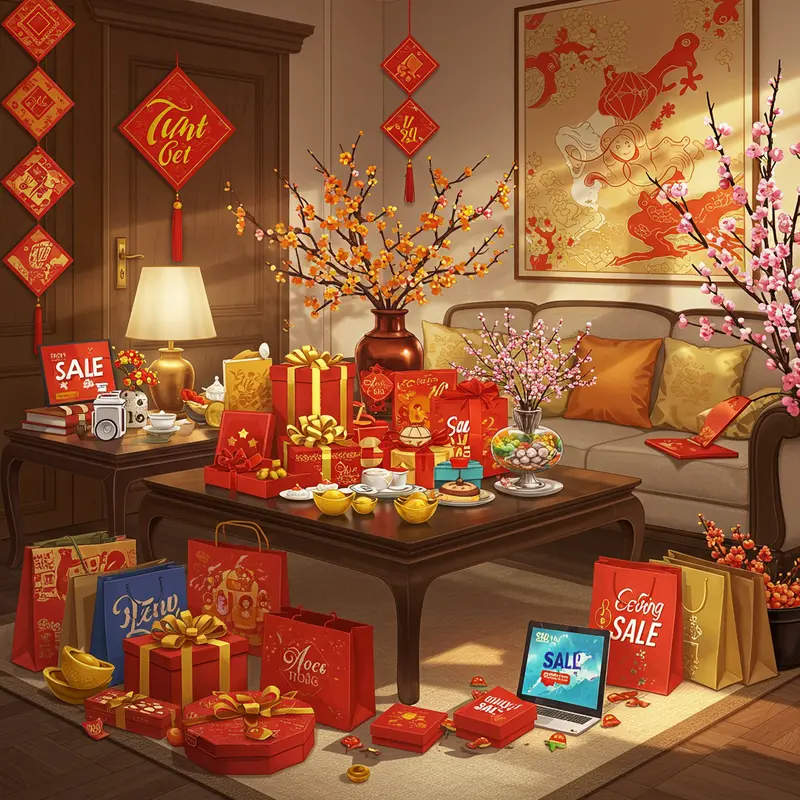 Phòng khách Việt Nam trang hoàng ngày Tết, với hộp quà, hoa, túi mua sắm và thiết bị điện tử hiển thị banner giảm giá.