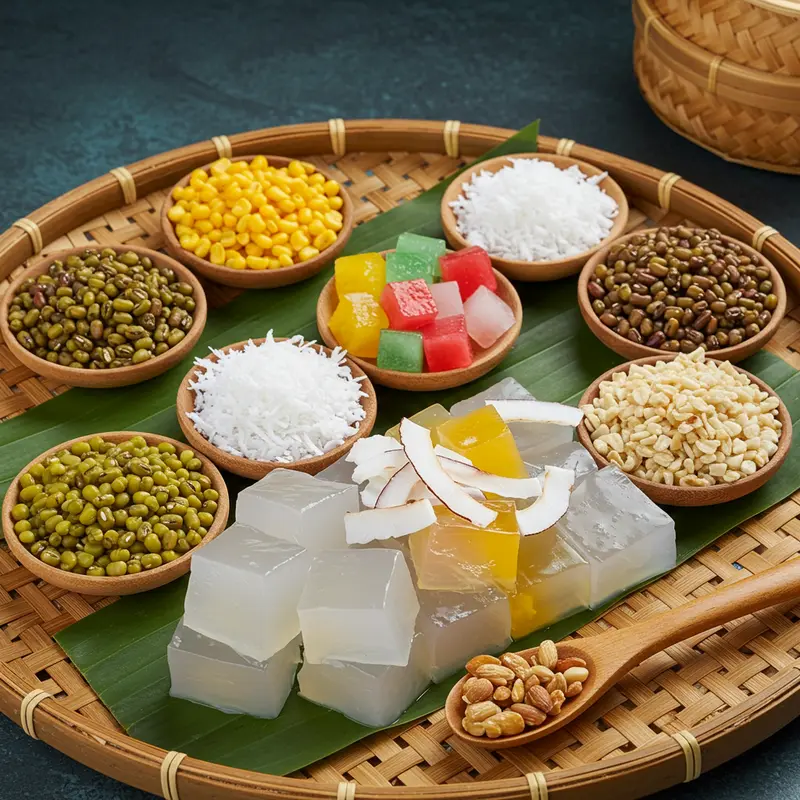 Bàn trà Trung Thu với bánh trung thu rau câu và đèn lồng truyền thống