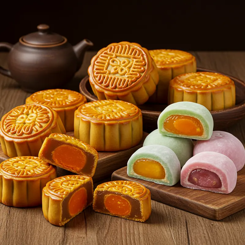 Hai loại bánh trung thu với nét truyền thống và hiện đại đặt cạnh nhau.