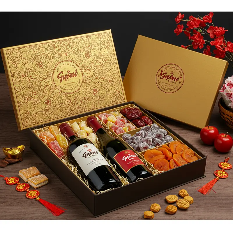 Hộp quà Tết rượu vang sang trọng giữa không gian trang trí truyền thống.