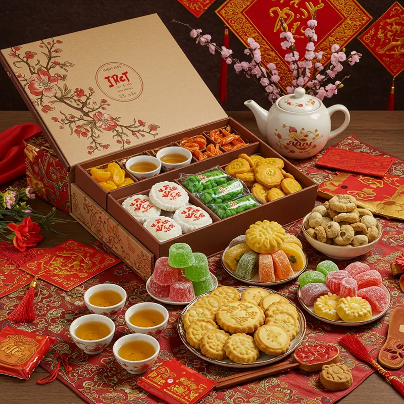 Hộp quà Tết truyền thống đậm nét văn hóa Việt Nam với trà, mứt, bánh kẹo đặt trên bàn gỗ, trang trí hoa xuân.