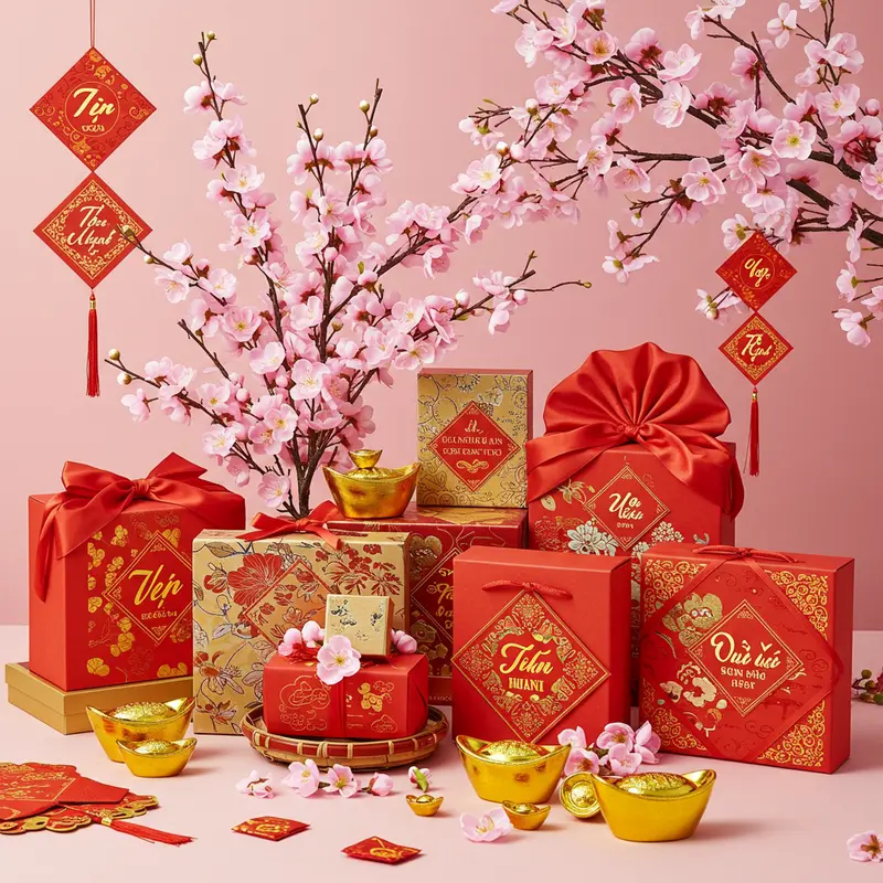 Các hộp quà Tết trang trí với nơ, ruy băng, thiệp và hoa lụa thể hiện ý nghĩa tri ân đặc biệt.
