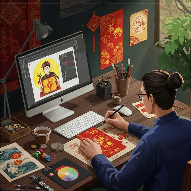 Thiệp Trung Thu sang trọng trên bàn làm việc, bên cạnh bánh Trung Thu và quà tặng.