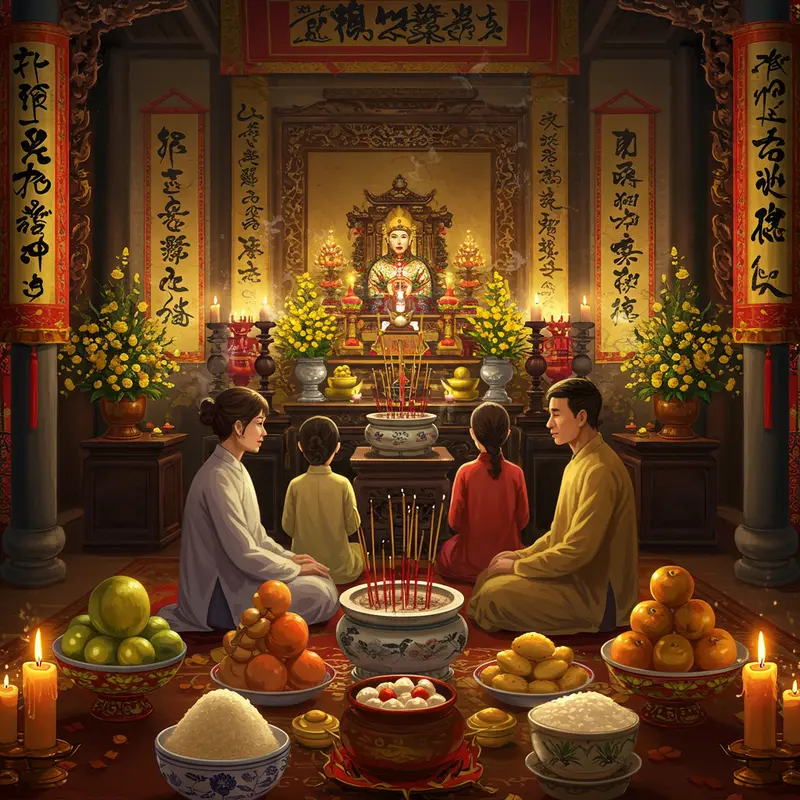 Ba thế hệ gia đình Việt cùng chuẩn bị lễ vật truyền thống ngày Tết.