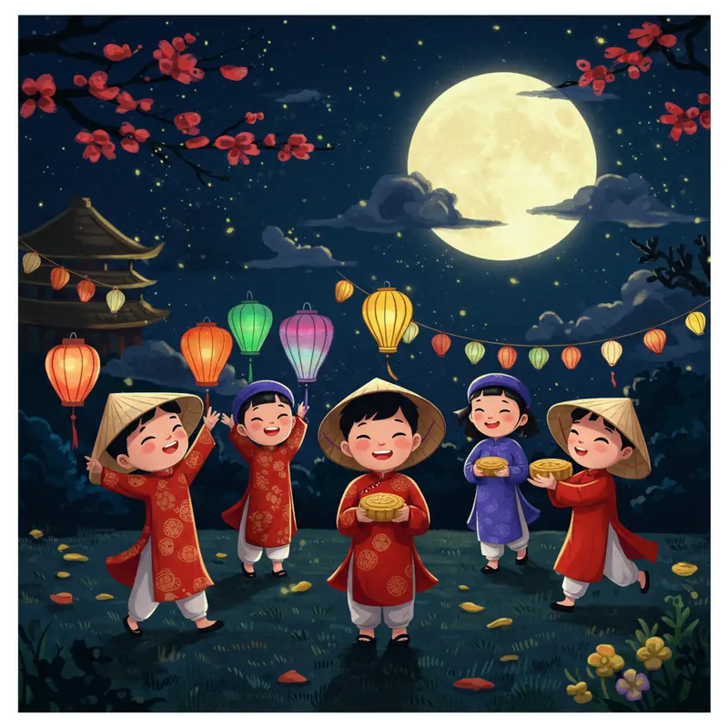 Gia đình quây quần dưới ánh trăng rằm Trung Thu với bánh và lồng đèn truyền thống