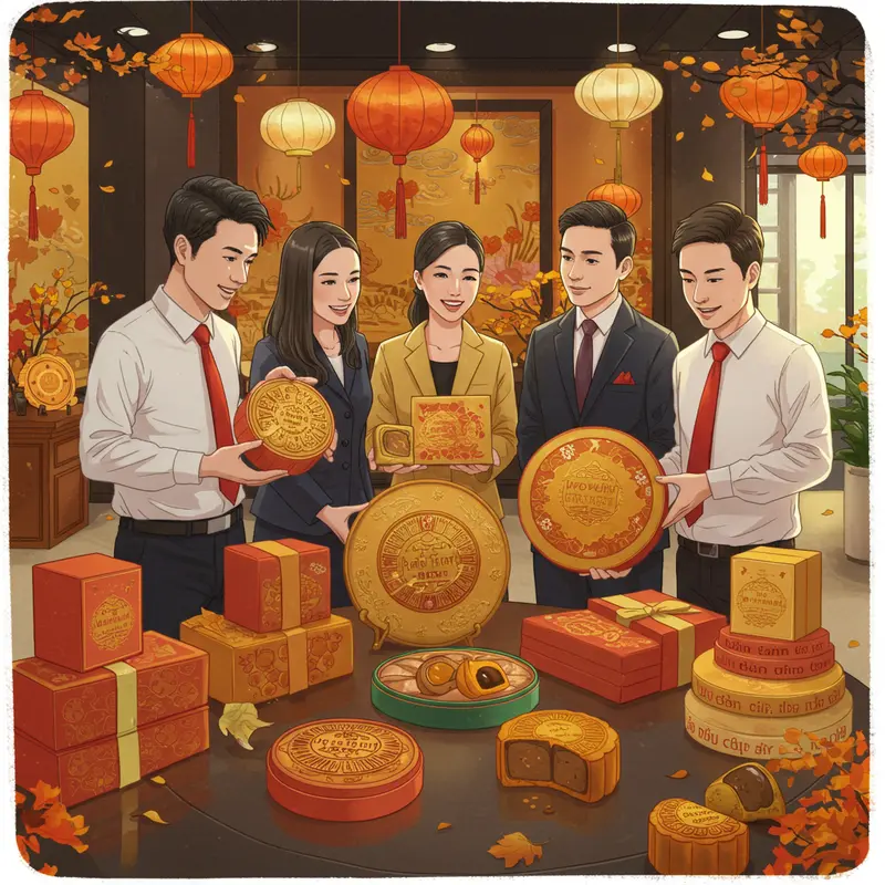 Bánh trung thu đẹp mắt trong hộp sang trọng tại văn phòng doanh nghiệp.