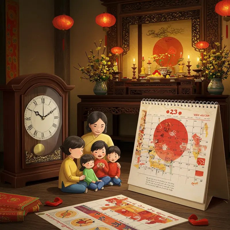 Mâm cúng và bàn thờ Ông Công Ông Táo trang trọng trong bếp Việt Nam.