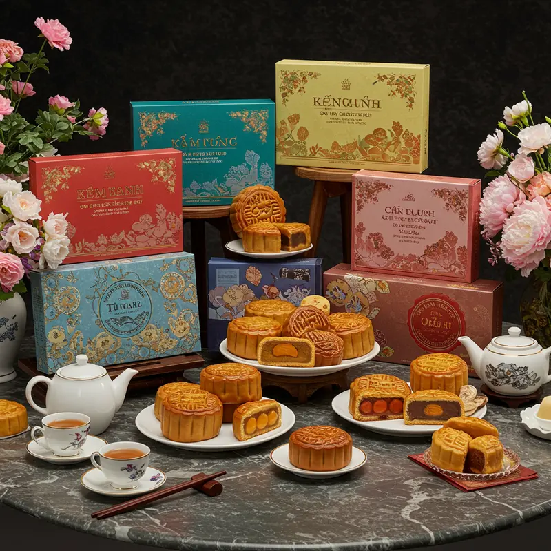 Hộp bánh Trung Thu cao cấp với thiết kế tinh xảo và nguyên liệu sang trọng.
