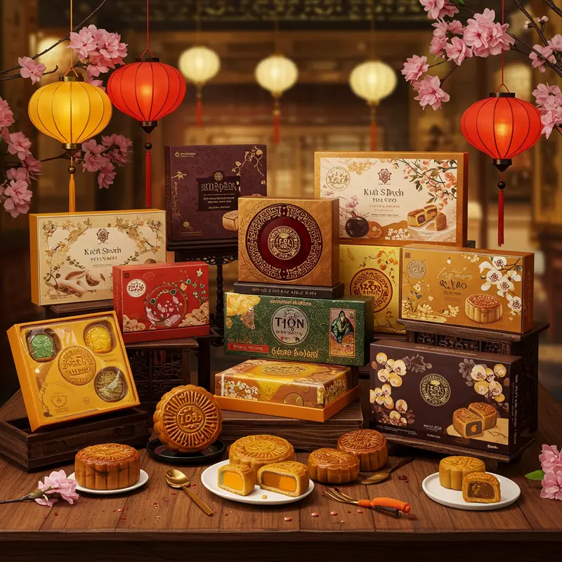 Hộp bánh trung thu cao cấp trên bàn làm việc, tạo không khí trang trọng.