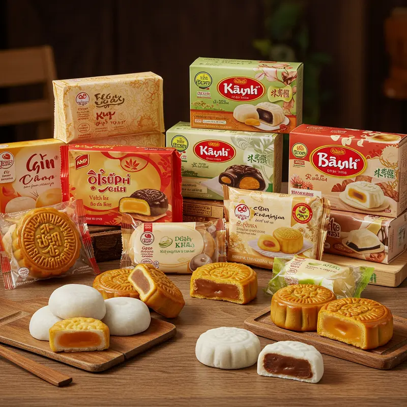 Hộp bánh trung thu mochi đa dạng màu sắc và hương vị hiện đại.