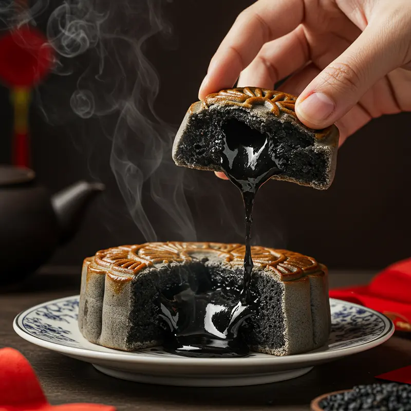Bánh trung thu lava mè đen với lớp nhân tan chảy độc đáo.