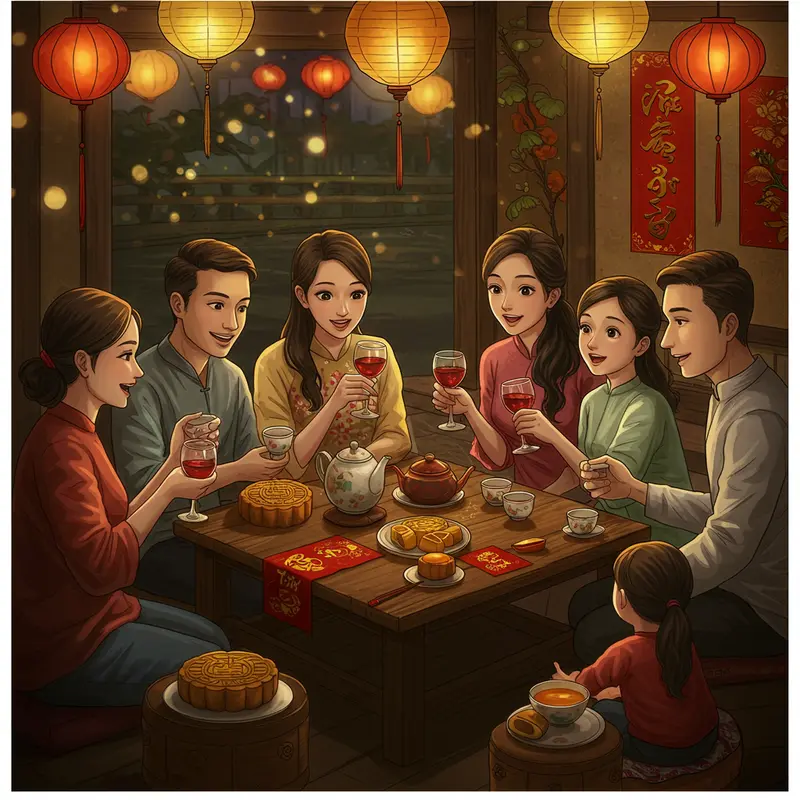 Hộp quà Trung Thu kết hợp bánh, trà và rượu vang cao cấp.