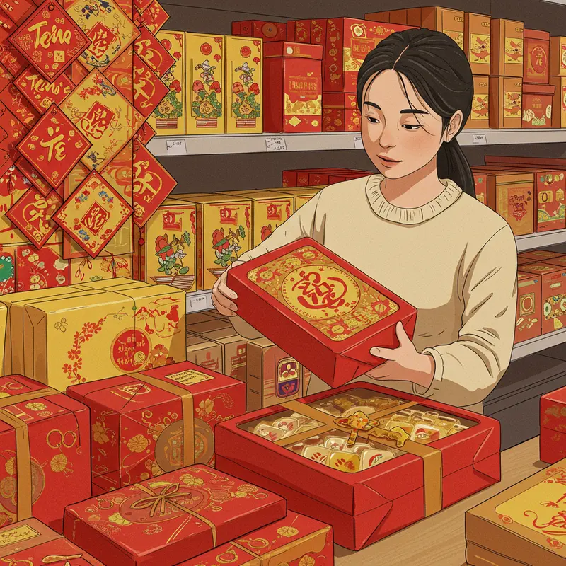 Hộp quà Tết giá rẻ với trà, mứt và bánh, bày trên bàn tre.