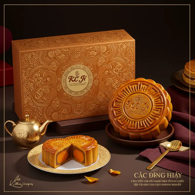 Hộp bánh trung thu sang trọng nổi bật trên bàn họp doanh nghiệp.