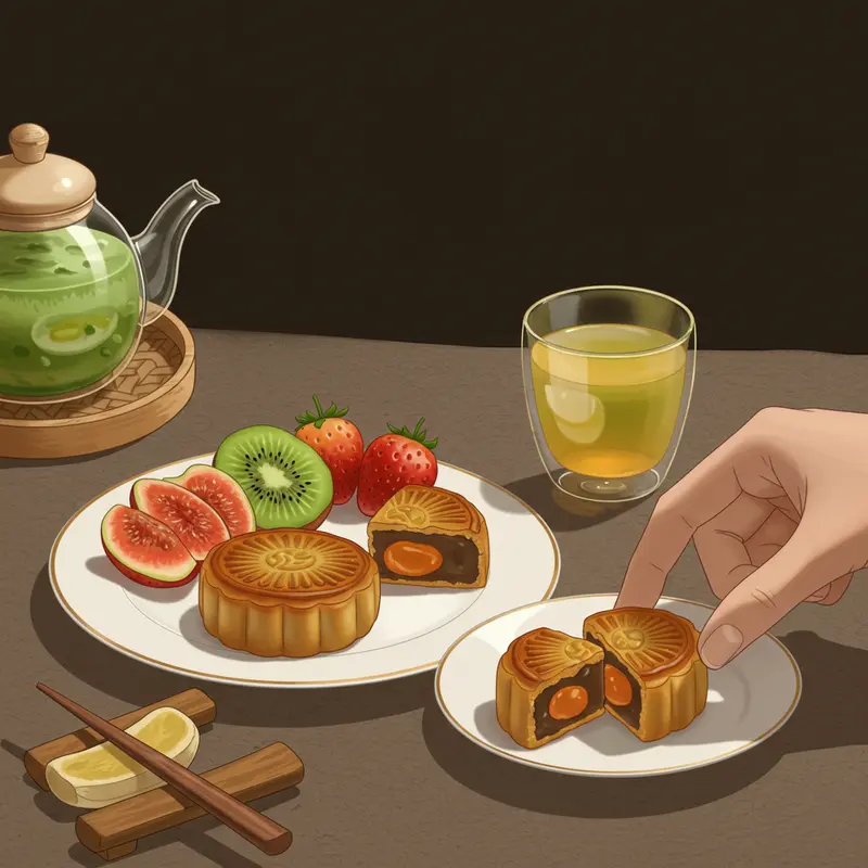 Bánh trung thu nhân chay, nhân hạt cắt đôi, hiển thị rõ các lớp nhân hạt đa dạng trên bàn gỗ.