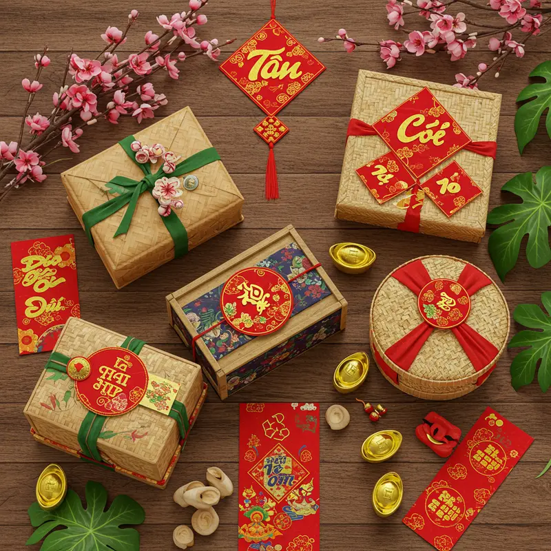 Các hộp quà Tết thân thiện môi trường bằng tre, giấy, vải được xếp trên nền gỗ cùng lá xanh và trang trí Tết.