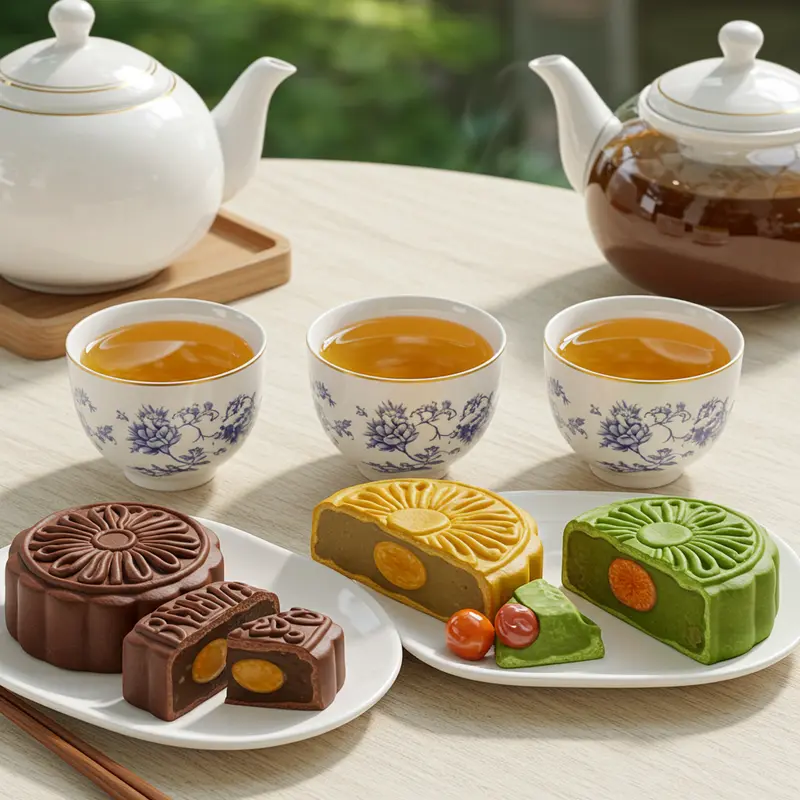 Bàn tiệc bánh Trung thu hiện đại đi cùng trà thơm nóng hổi.