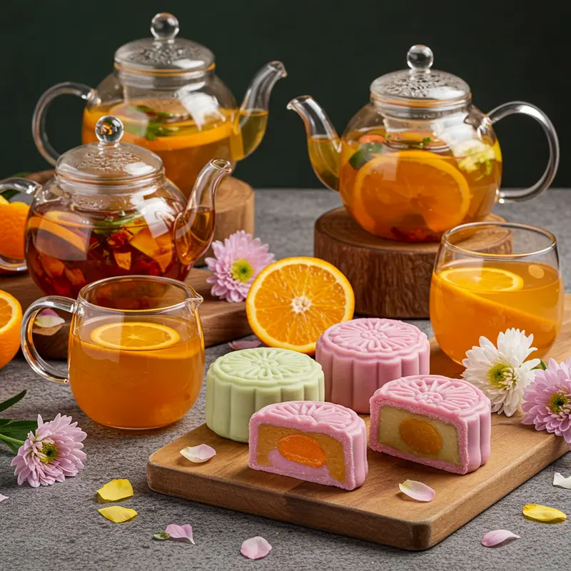 Bàn tiệc bánh Trung thu hiện đại đi cùng trà thơm nóng hổi.