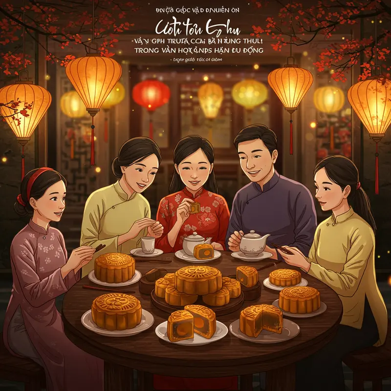 Gia đình truyền thống bên bàn bánh Trung Thu cổ điển