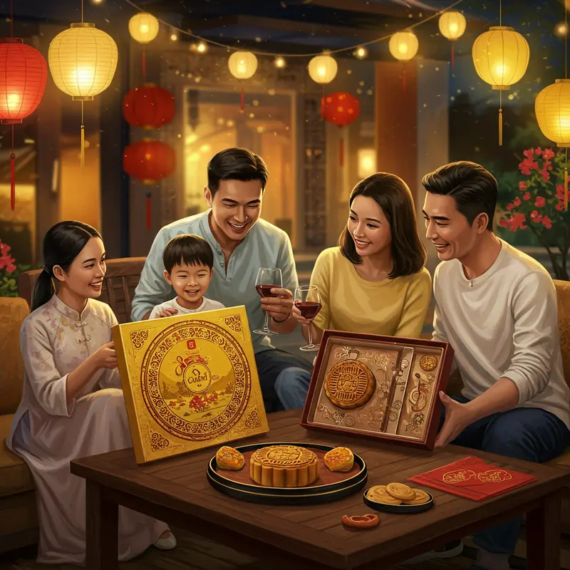 Hộp quà Trung thu cao cấp kết hợp truyền thống và hiện đại.